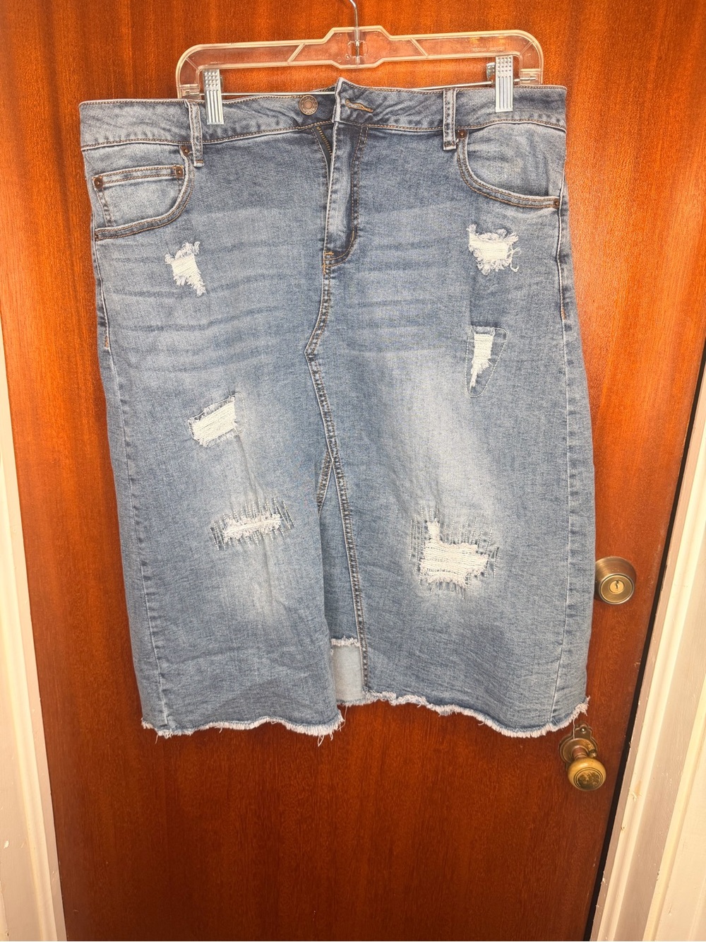 Cato Light Blue Distressed Denim Midi Skirt